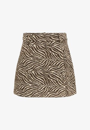 Minifalda linea A con estampado de cebra en tonos marrón y beige, y presillas para cinturón en la cintura.