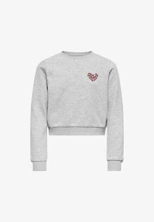 Sweatshirt gris court en tissu doux, à manches longues et col rond. Le côté avant gauche présente un design de cœur imprimé en maroon avec du texte.