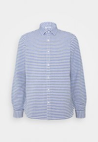 Modrá a bílá pruhovaná košile s dlouhým rukávem vyrobená z lehkého materiálu. Má límeček a zapínání na knoflíky.