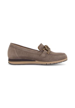Brown suede loafer with low rubber sole and decorative gold chain detail across the top, viewed from the side on a white background.
