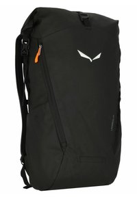 Black backpack made from durable material; sleek design with a roll-top closure, adjustable straps, and an orange zipper pull for detail.