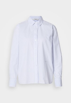 Ανοιχτό μπλε και λευκή ριγέ πουκάμισο μακρύ μανίκι με κολάρο που κουμπώνει, που διαθέτει άνετη εφαρμογή και λείο υφασμάτινο υλικό.