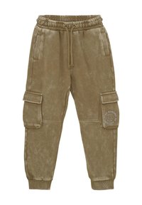 Cargo sweatpants in een gedempt olijfgroen. Gemaakt van zachte, gestructureerde stof met een elastische tailleband, zijzakken en een patch met tekst.
