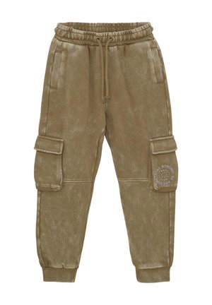 Cargo sweatpants in een gedempt olijfgroen. Gemaakt van zachte, gestructureerde stof met een elastische tailleband, zijzakken en een patch met tekst.