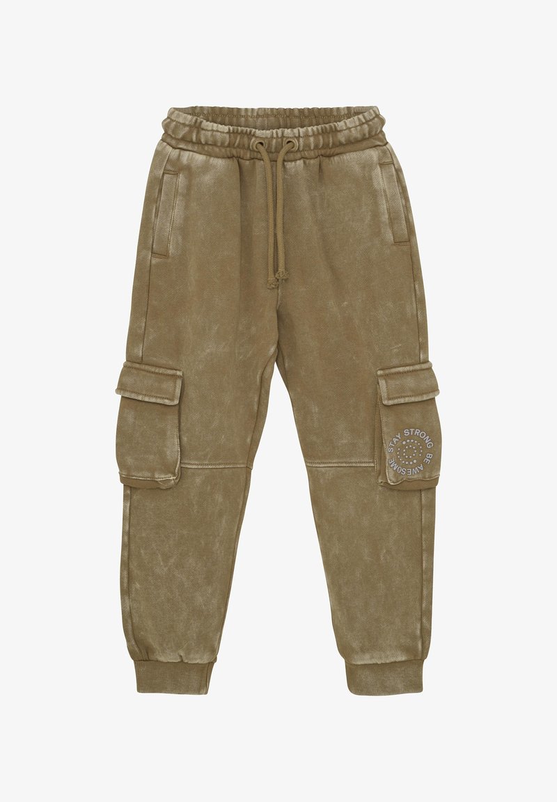 Cargo sweatpants i en afdæmpet olivengrøn. Fremstillet af blødt, tekstureret stof med elastisk talje, sidelommer og et mærke med tekst.