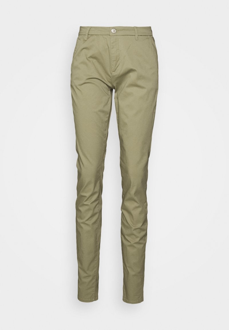 Olivenfargede chinos med slim fit, med knappestenging, frontlommer og et glatt, slitesterkt bomullsmateriale.