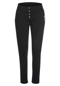Pantalons noirs au design ajusté, dotés d'une taille haute et de trois boutons métalliques à l'avant. Texture lisse avec un détail de logo.