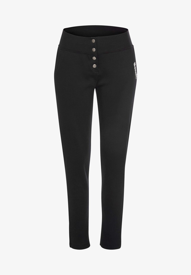 Pantalons noirs au design ajusté, dotés d'une taille haute et de trois boutons métalliques à l'avant. Texture lisse avec un détail de logo.