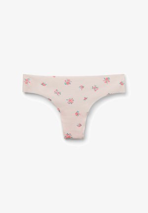 Tanga de algodón rosa con un patrón floral que presenta pequeñas rosas azules y rojas, una textura suave y una banda ancha en la cintura.