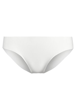 Culottes de bikini blanches sans couture avec une finition lisse et une taille élastique minimaliste, conçues pour le confort et un ajustement près du corps. Aucun motif présent.