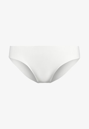 Culottes de bikini blanches sans couture avec une finition lisse et une taille élastique minimaliste, conçues pour le confort et un ajustement près du corps. Aucun motif présent.
