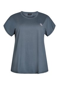 T-shirt a maniche corte, con collo rotondo, in tessuto grigio scuro, caratterizzato da un sottile accento geometrico e orlo dritto. Texture morbida con una leggera lucentezza.