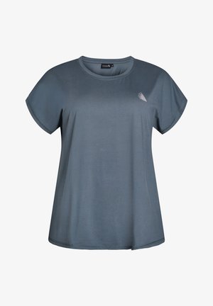 Kurzärmliges T-Shirt mit Rundhalsausschnitt aus dunkelgrauem Stoff, das ein dezentes geometrisches Akzent und einen geraden Saum aufweist. Weiche Textur mit leichtem Glanz.