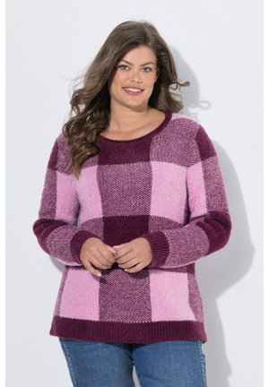 Frau mit langen braunen Haaren, die einen rosa-lila karierten Strickpullover und blaue Jeans trägt, lächelnd und vor einem schlichten Hintergrund stehend.