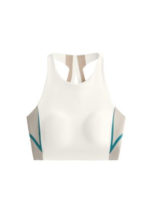Bjela sportska grudnjak s bež i tirkiznim detaljima, s dizajnom racerback i visokim izrezom.