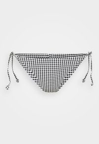 Bas de bikini gingham noir et blanc avec des liens réglables sur les côtés. Fabriqué en tissu lisse avec un motif à carreaux classique.