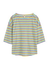 Blusa a rayas en azul claro, púrpura, amarillo y verde. Presenta mangas de tres cuartos, un escote amplio y un dobladillo recto.