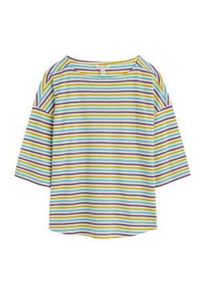 Striped blouse in light blue, purple, yellow, and green. Features three-quarter sleeves, a wide neckline, and a straight hemline.