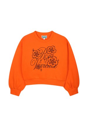 Cropped orange sweatshirt with black floral embroidery and text design. Features ribbed cuffs and neckline. Soft cotton material.