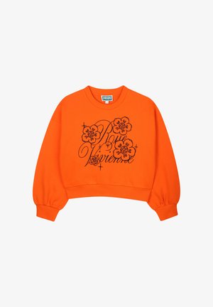 Sweatshirt orange coupé avec broderie florale noire et design textuel. Présente des poignets et un col côtelés. Matière en coton doux.