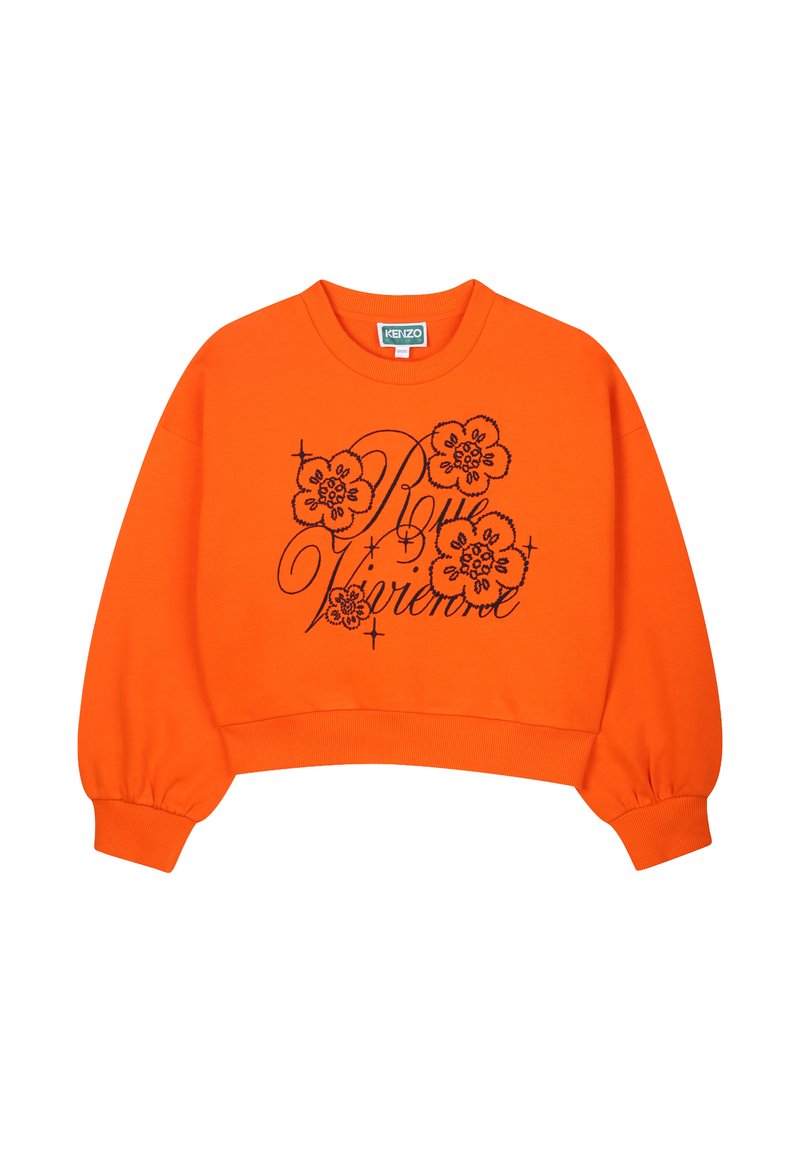 Sweatshirt orange coupé avec broderie florale noire et design textuel. Présente des poignets et un col côtelés. Matière en coton doux.