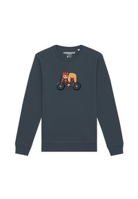 Sweatshirt bleu marine en coton, présentant une illustration de dessin animé d'un paresseux faisant du vélo, avec un casque rouge et des détails vifs.