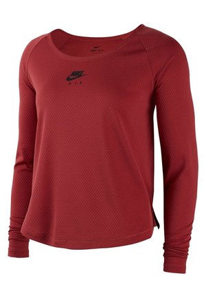 Rotes Nike Air Dri-FIT Damenoberteil mit langen Ärmeln, Struktur, Rundhalsausschnitt und kleinen seitlichen Schlitzen.