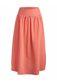 Lyserød og orange gingham midi nederdel med elastisk talje, udstyret med en samledesign og blødt, tekstureret stof.