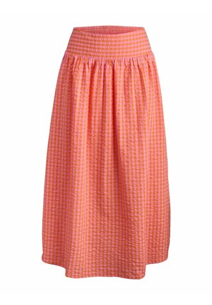 Vaaleanpunainen ja oranssi ruudullinen midi-hame, jossa on joustava vyötärö, esittelee kerrostetun muotoilun ja pehmeän, teksturoidun kankaan.