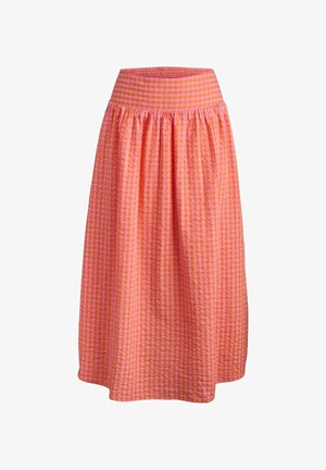 Różowa i pomarańczowa spódnica midi w kratkę gingham z elastycznym pasem, cechująca się marszczonym wykończeniem i miękkim, teksturowanym materiałem.