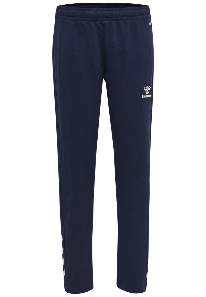 Pantaloni sportivi blu navy con vita elasticizzata, gambe affusolate e logo bianco. Presentano strisce bianche lungo i lati per un tocco di dettaglio.