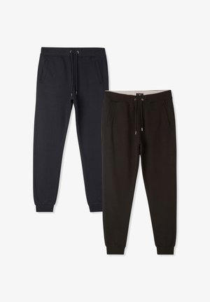 Due pantaloni sportivi, uno blu navy e uno nero, realizzati in tessuto morbido. Entrambi hanno tasche laterali e una vita con cordoncino regolabile.