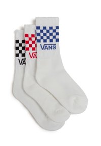 Hvide crew sokker med røde, blå og sorte ternede designs øverst samt "VANS" logo. Blødt, elastisk tekstilmateriale.