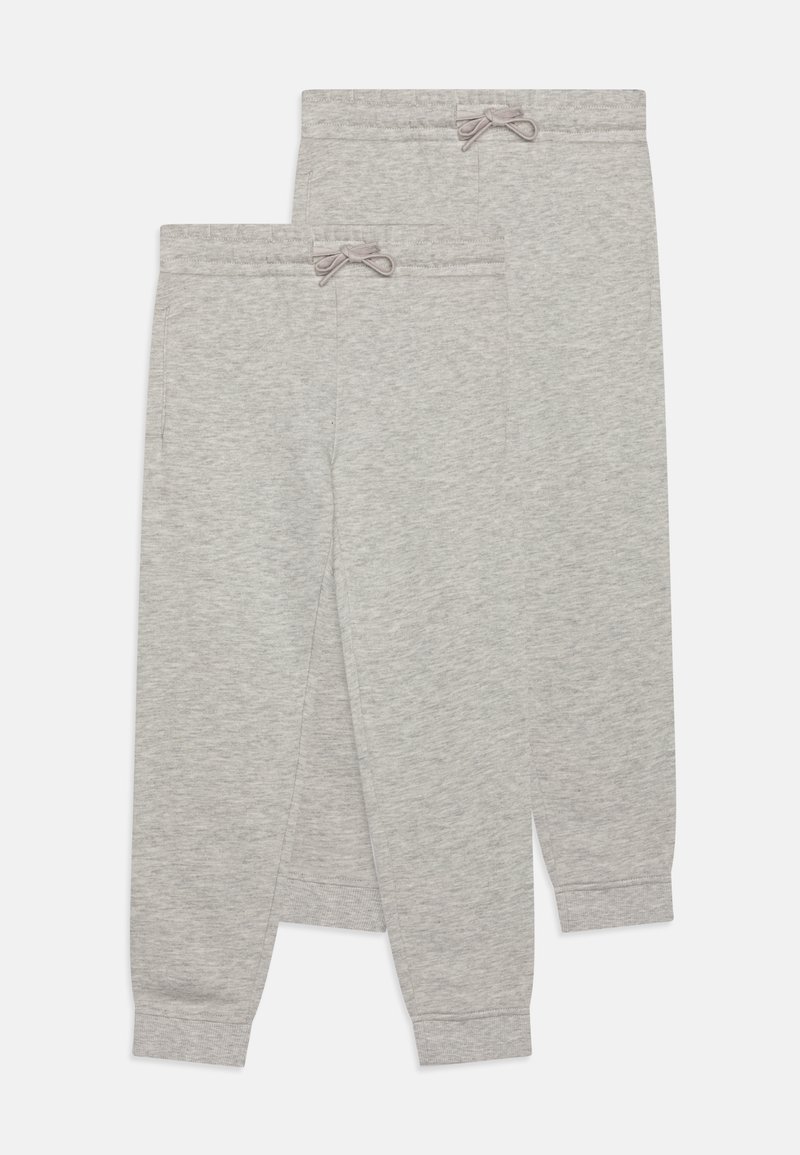 Gray sweatpants made of soft fabric, featuring an elastic waistband with a drawstring and tapered ankles. Includes side pockets.