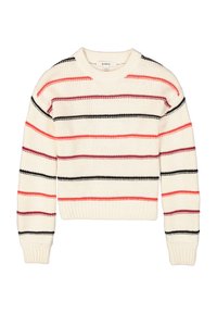Jersey de punto en crema con rayas horizontales en rojo, negro y rosa. Presenta un cuello redondo de canalé y puños. Diseño corto.