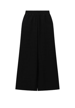Schwarze, weit geschnittene Hose mit elastischem Bund. Der Stoff wirkt glatt mit einem dezenten Glanz. Das Design verfügt über seitliche Taschen.
