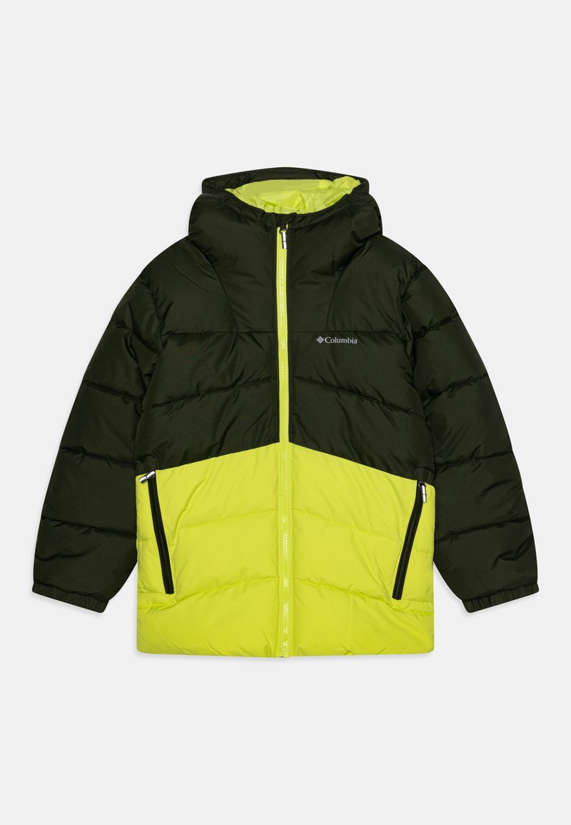 Casaco puffer com a parte superior preta e a parte inferior verde brilhante. Bolsos com fecho em cada lado, design com capuz e textura cosida.