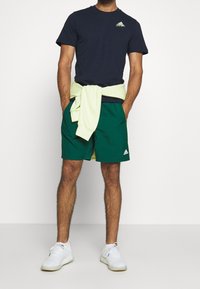 Námornícky bavlněný tričko se zeleným logem, zelené sportovní šortky a bílé tenisky. Světlé žluté mikina uvázaná v pase.