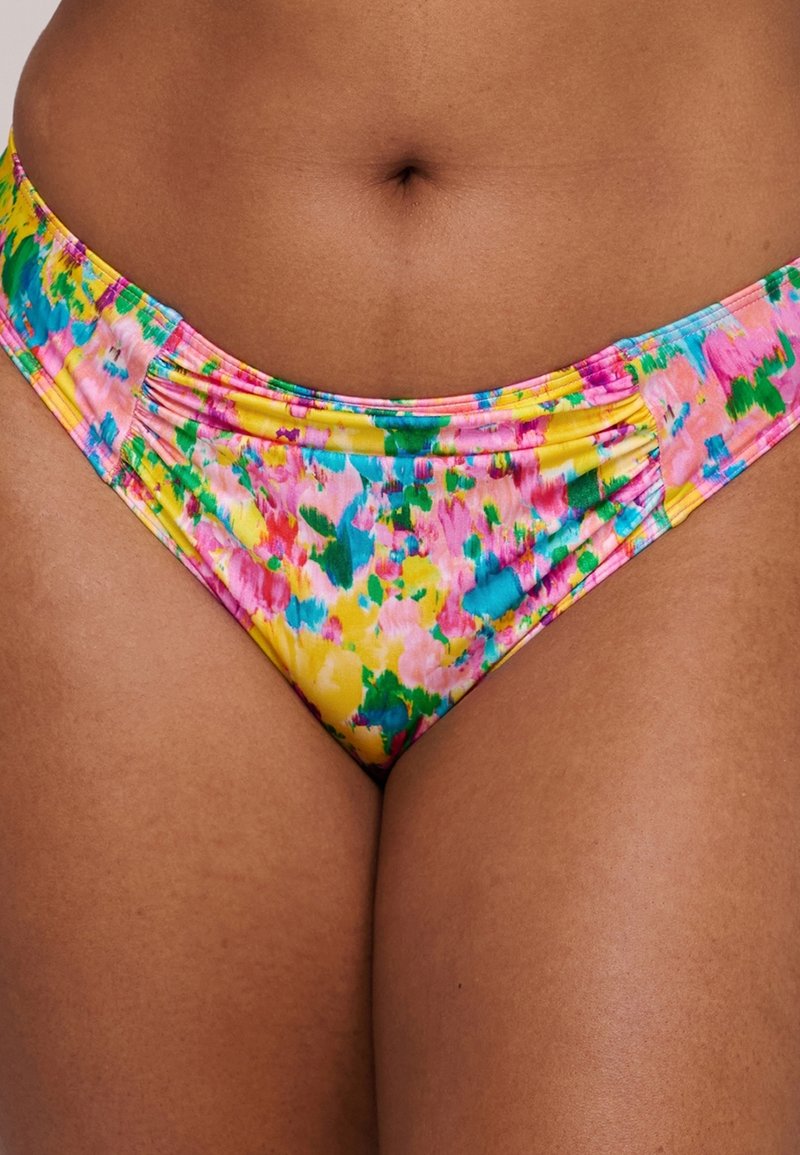 Kleurvolle bikini onderkant met een bloemmotief in roze, geel, groen en blauwe tinten. Gemaakt van een gladde, rekbare stof.