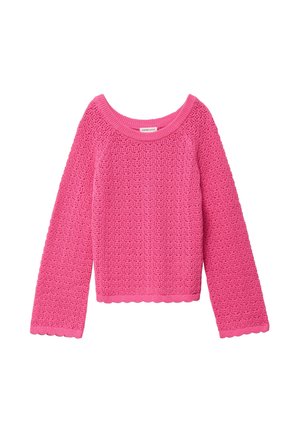 Felroze lange mouw gebreide trui met getextureerde geschulpte rand aan de manchetten en zoom, en een ronde halslijn.