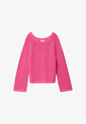 Pull en maille à manches longues rose vif avec bordure festonnée texturée aux poignets et à l'ourlet, et un col rond.