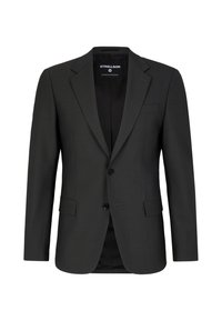 Blazer su misura grigio scuro con design a petto singolo, due tasche anteriori, due bottoni e un tessuto leggermente strutturato. Interno foderato.