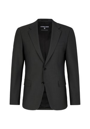 Donkergrijze op maat gemaakte blazer met een enkel-borst ontwerp, twee voork pocketen, twee knopen en een subtiele textuur. Gevoerd interieur.