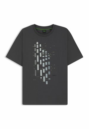 T-shirt in cotone grigio scuro con stampa grafica geometrica in argento e giallo, girocollo e maniche corte.