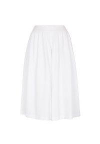 White culottes made of textured fabric, featuring a wide, elastic waistband and a flowing, A-line silhouette. Perfect for warm weather.