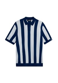 Pruhovaná polo košile v navy modré a bílé barvě, s klasickým límcem, zapínáním na tři knoflíky a krátkými rukávy s texturovanými akcenty.