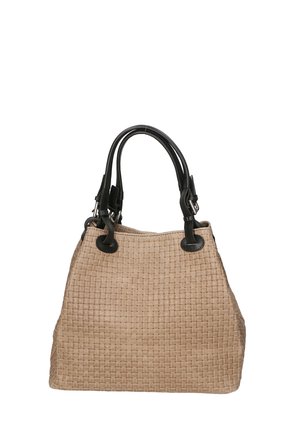 Sac fourre-tout beige en toile avec des poignées en cuir noir et des bords arrondis. Possède deux accents en métal noir. Surface texturée avec un motif en grille.