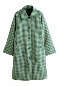 Cappotto a quadretti verde e bianco con colletto ampio, cinque bottoni, due tasche laterali e vestibilità comoda. Realizzato con tessuto leggero.