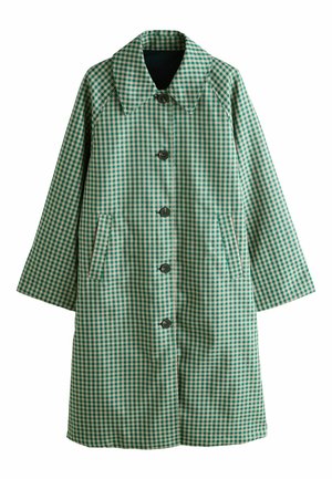 Green and white gingham-patterned coat with a wide collar, five buttons, two side pockets, and a relaxed fit. Made from lightweight fabric.