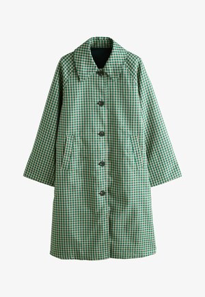 Cappotto a quadretti verde e bianco con colletto ampio, cinque bottoni, due tasche laterali e vestibilità comoda. Realizzato con tessuto leggero.